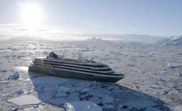 World Explorer cruising through sea ice in the Antarctic Peninsula. 