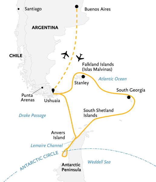 Epic Antarctica: Crossing the Circle via Falklands & South Georgia (Buenos Aires) (Itinerary Map)