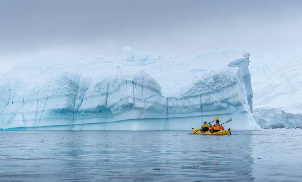 Two guests kayaking through frigid waters in Antarctica. A big iceberg can be seen in the background