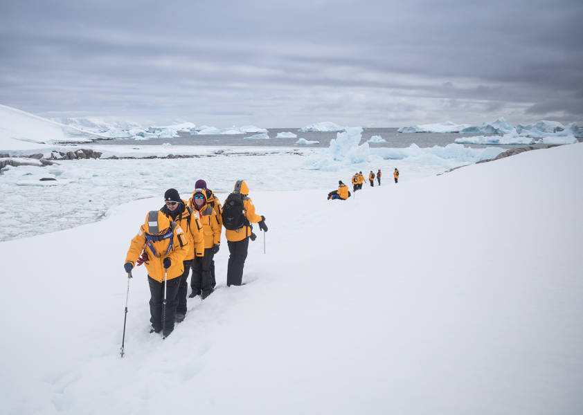Passengers hiking through Antarctica