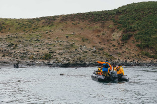 An expedition guide points out to guests some fur seals on land while Zodiac cruising.