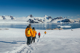 Guests in yellow parkas follow the marked trail at Petermann Island during a sunny day in the Antarctic Peninsula.