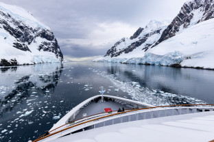 Ship cruising through Antarctica