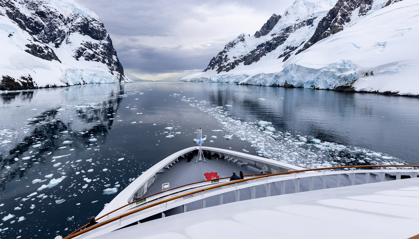 Ship cruising through Antarctica