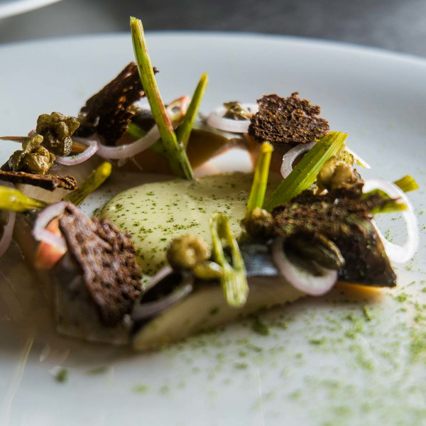 Greenlandic herring with pickled angelica, fried capers, shallots, rye bread chips and juniper crème