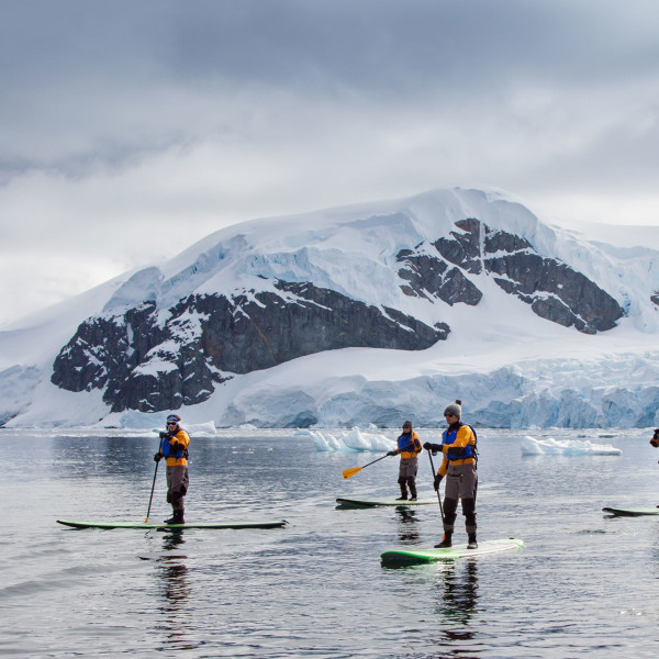 Passengers Stand-up Paddleboarding in the Antarctic