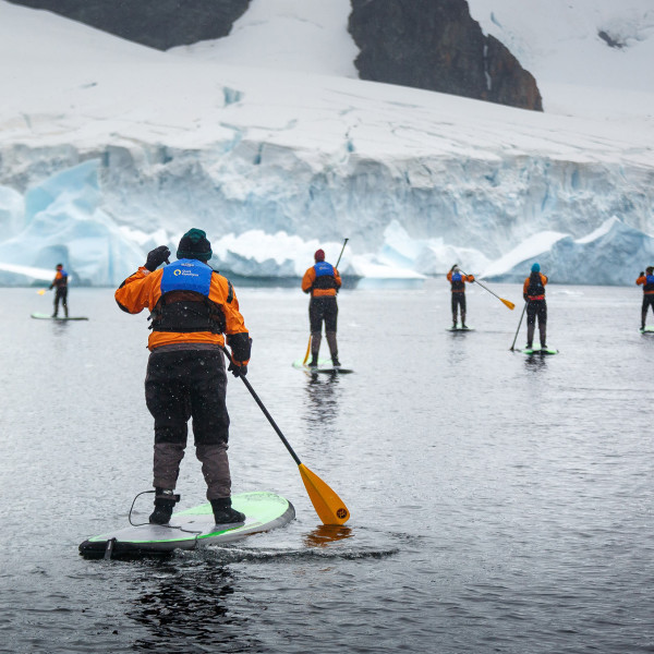 Passengers Stand-up Paddleboarding in the Antarctic