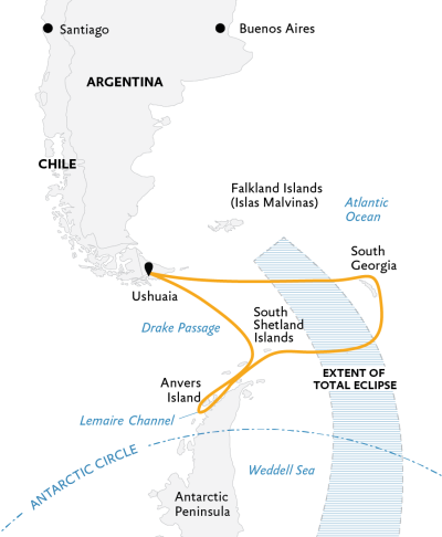 Map of South Georgia and Antarctic Peninsula: Totality in Antarctica with South Georgia expedition