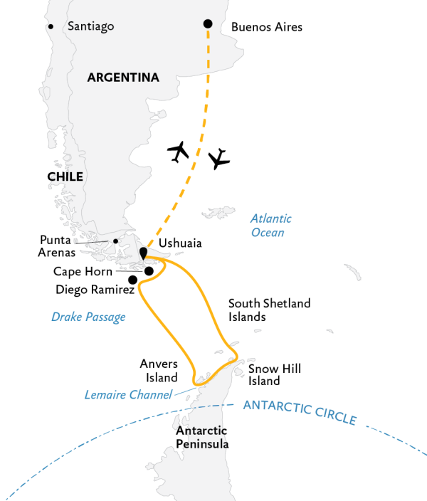Antarctic Explorer: Discovering the 7th Continent plus Cape Horn and Diego Ramirez Expedition Map, starting from Buenos Aires. 