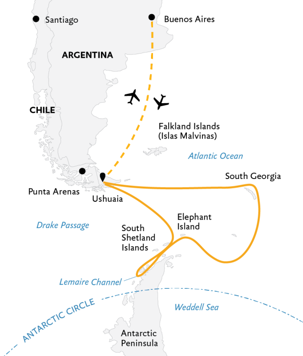 Celebrating Shackleton: Journey from Antarctica to South Georgia Expedition Map, starting from Buenos Aires.