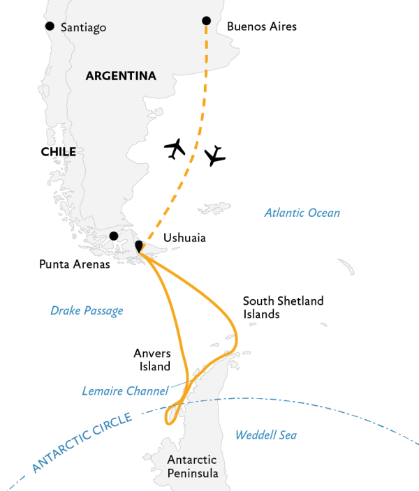 Crossing the Circle: Southern Expedition Map, starting from Buenos Aires. 