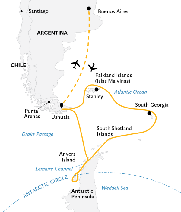 Epic Antarctica: Crossing the Circle via Falklands and South Georgia Expedition Map, starting from Buenos Aires