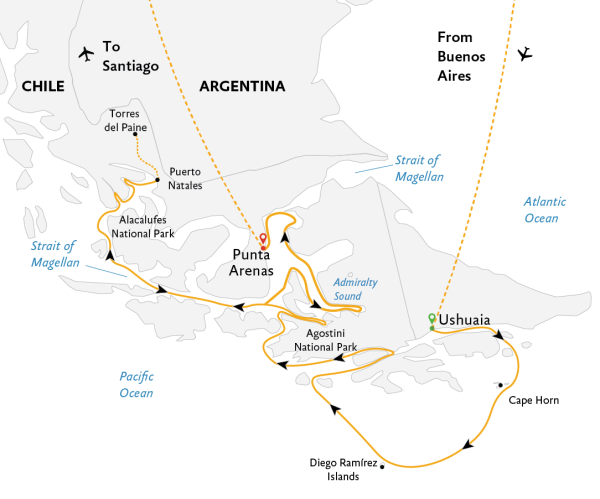 Essential Patagonia: Chilean Fjords and Torres del Paine Expedition Map, starting from Buenos Aires.