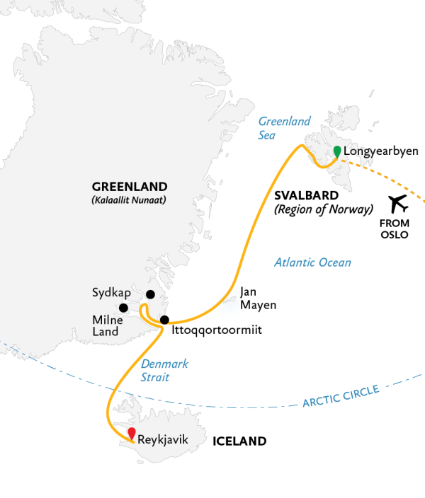 Four Arctic Islands: Spitsbergen, Jan Mayen, Greenland and Iceland 2021 Expedition Map