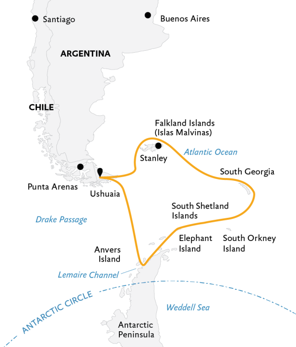 Falklands, South Georgia, and Antarctica: Explorers and Kings Expedition Map, starting from Ushuaia. 