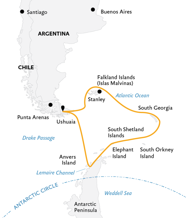 Falklands, South Georgia, and Antarctica: Explorers and Kings Expedition Map, starting from Ushuaia.